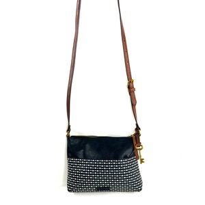 Fossil Black White Dots Coated Canvas Small Crossbody Bag Purse Brass Charm